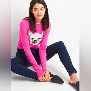 Gap Barbie Pink Fine Knit Cotton Pullover Frenchie Dog Graphic Sweater